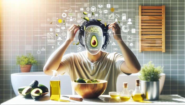 Person applying avocado and olive oil hair mask in a sunny bathroom, enhancing hair hydration.