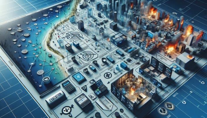 A map showing evacuation routes, emergency devices, and essential supplies for civil unrest preparedness.