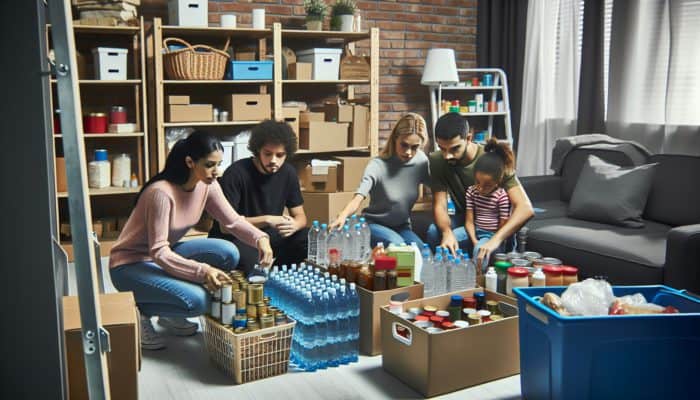 A family organizing essential supplies like food, water, and medicine for emergencies in a home storage area.