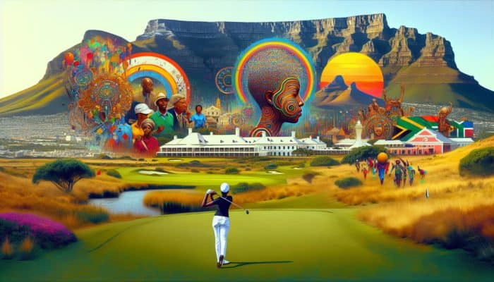 Golfer at Royal Cape Golf Club with Table Mountain, scenes from Apartheid Museum, and Cape Malay culture in Cape Town.
