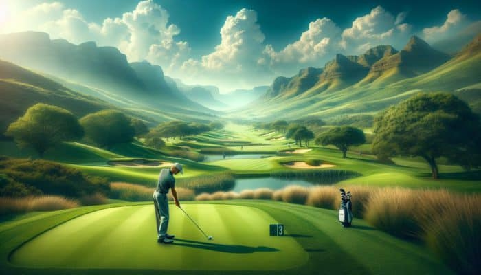 Golfer tees off on well-maintained South African course with lush fairways and pristine greens.