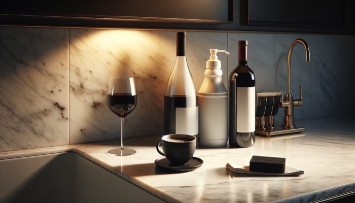 Luxurious marble countertop with wine, coffee, and cleaning products, illustrating stain prevention.