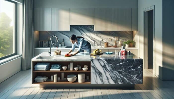 A professional polishing marble in a modern UK home, showing well-maintained vs. neglected marble for cost-effective maintenance.