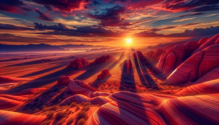 Sunrise at Valley of Fire State Park with red sandstone formations and vibrant desert colors.