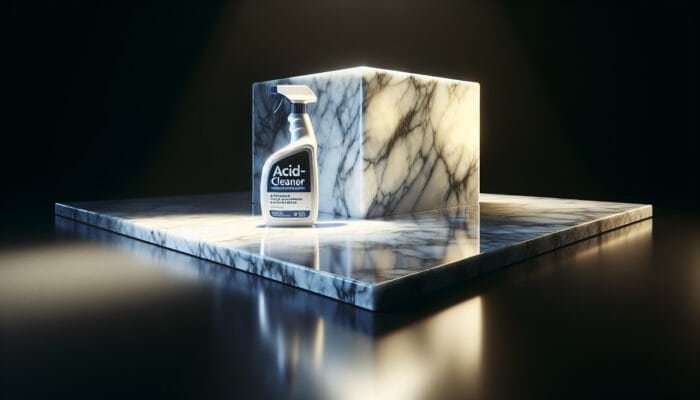A radiant marble countertop with a bottle of acid-free cleaner, symbolising protection and preservation.