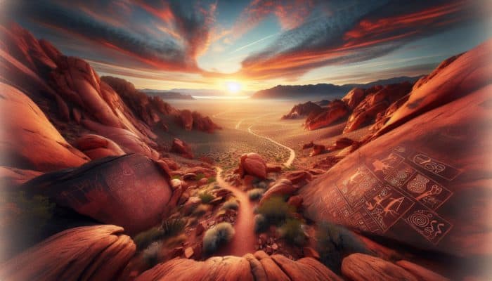 Sunrise view from Atlatl Rock, vibrant red rocks, ancient petroglyphs, panoramic desert landscape.