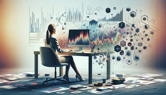 A person analysing financial graphs, charts, and reports on a desk with a computer showing stock trends.