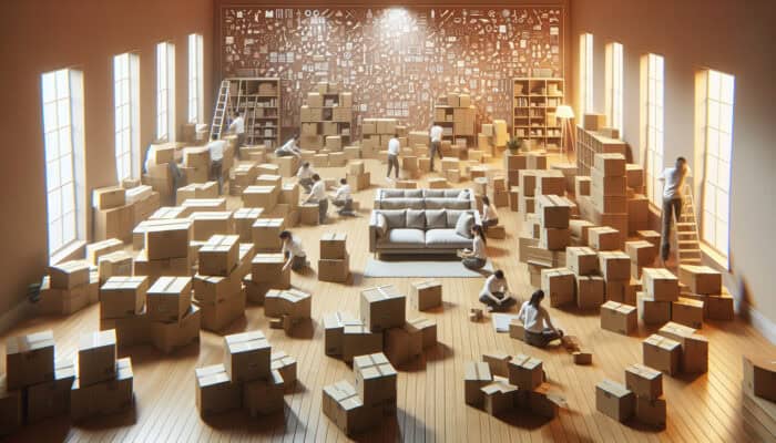 A team of professionals sorting items in an organized living room for house clearance.