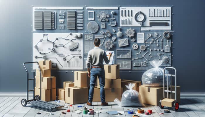 Person organizing room with boxes, tape, markers, bags, dolly, and bubble-wrapped items, all neatly labeled.