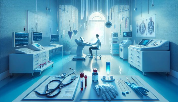 Person calmly preparing for liver blood test in a serene medical setting with essential equipment.