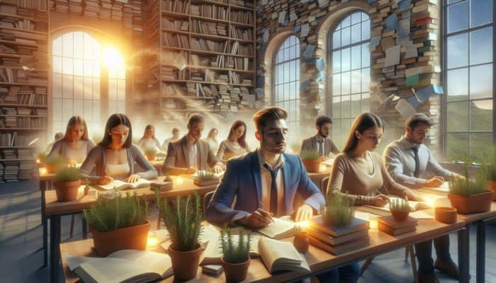 Students in a study environment utilising rosemary scent to enhance memory and cognitive function.