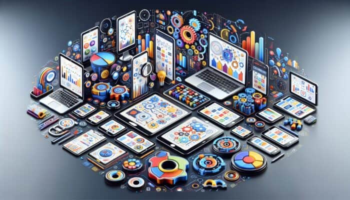 A dynamic network of digital tools and charts for thorough local SEO data collection in an office.