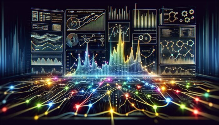 A digital dashboard displaying integrated data from Google Analytics and SEMrush, featuring graphs for traffic and keyword rankings.
