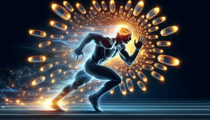 An athlete surrounded by glowing omega-3 capsules, brain illuminated by DHA, symbolising mental clarity post-exercise.
