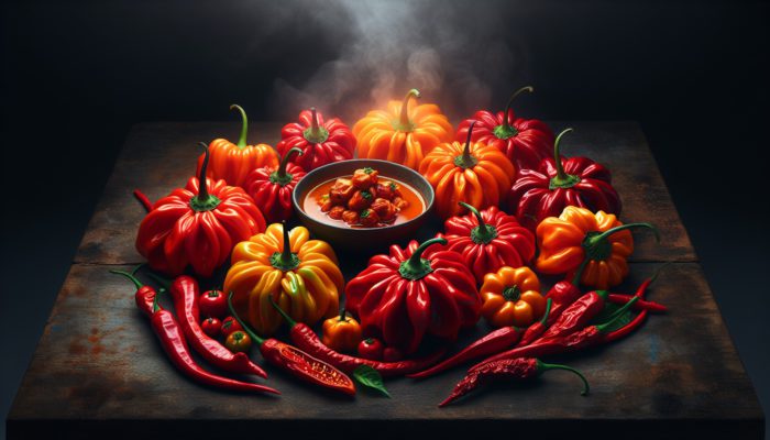 Red and orange Scotch bonnet peppers adding fiery heat to Haitian Griot.