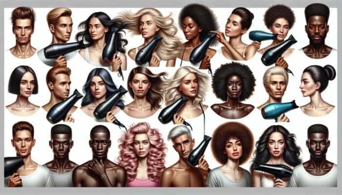 Diverse group using ionic hair dryer, showing volume, smoothness, and enhanced curls with less frizz.