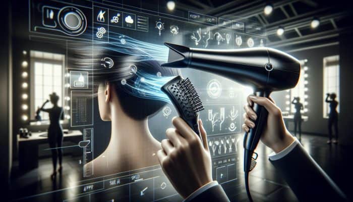 Person styling hair with a sleek, lightweight ionic dryer featuring multiple settings on a modern interface.