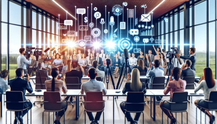 Diverse clients providing glowing testimonials in a modern office with digital recording equipment.