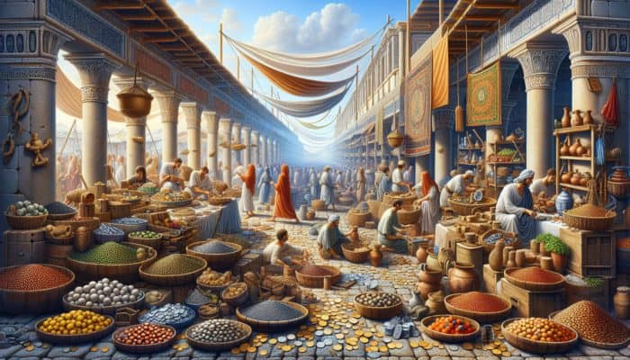 Ancient marketplace with goods, people using coins, Roman Empire trade routes, symbolizing economic shift from barter.