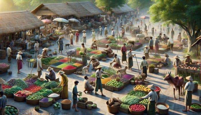 Farmers bartering vibrant fruits, vegetables, grains, and livestock at a bustling local market.
