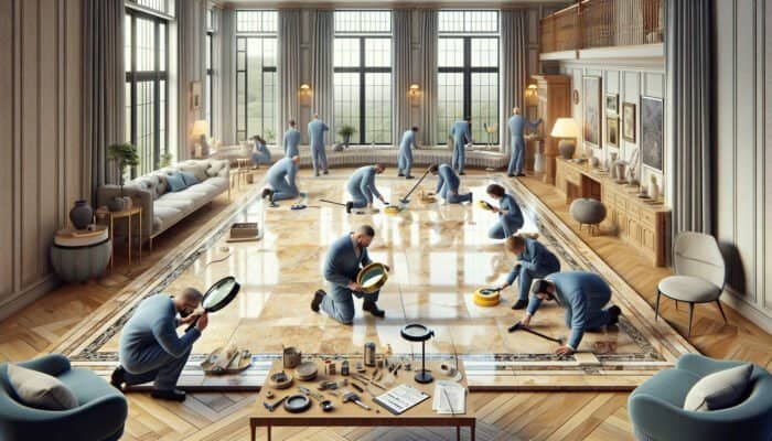 Experts inspecting travertine floors in Dormansland, Surrey, to customise polishing approach.