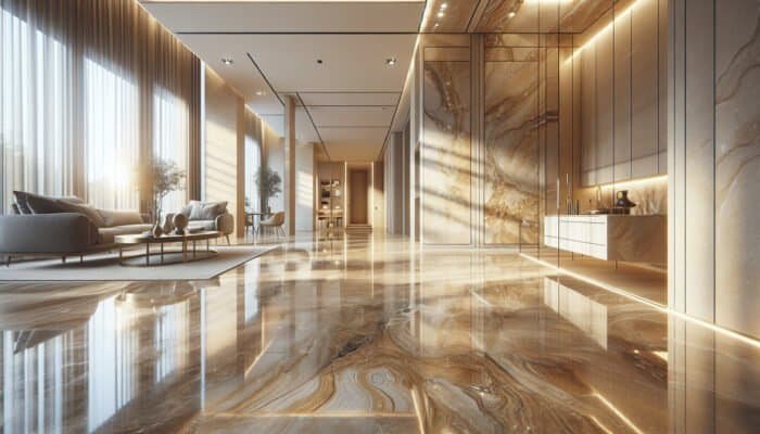 Polished travertine floor in Dormansland home, reflecting light and enhancing aesthetics.