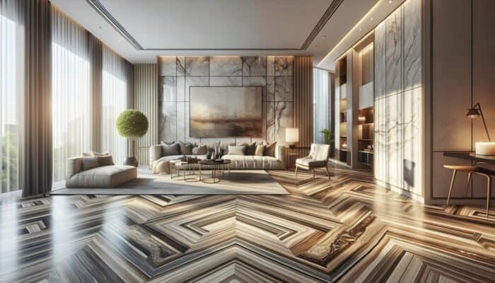 Elegant Ravertine flooring in a modern living room, showcasing unique patterns and textures.