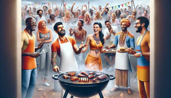 A vibrant BBQ cook-off scene with diverse influencers grilling, surrounded by smoke, fans, and colourful branding.