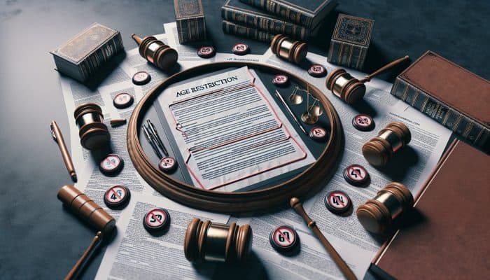 Legal document with highlighted age restrictions, surrounded by law books and gavels.