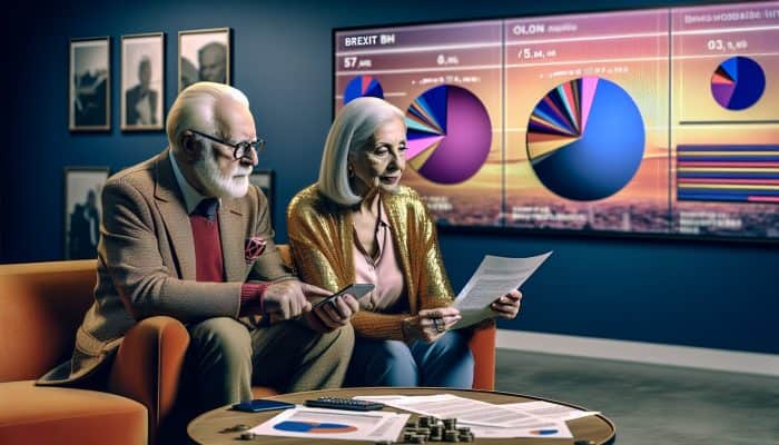 Elderly couple reviewing loan documents at a UK bank, with Brexit news on TV in background.