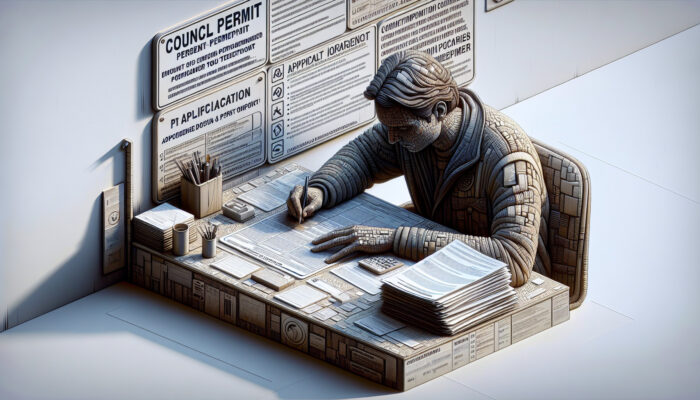 A person completing a council permit application form at a desk with documents and guidelines.