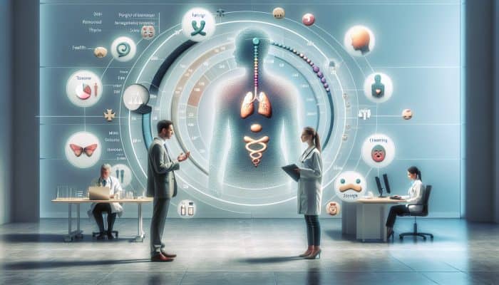 Person consulting doctor about thyroid issues, with diagram and test results in modern office.
