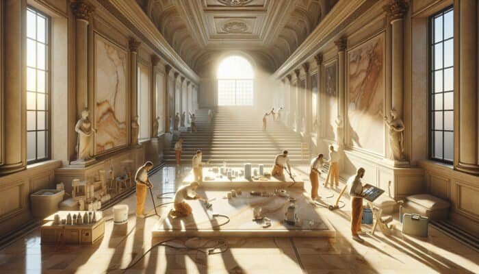 Workers meticulously restoring aged travertine surfaces in a luxurious, sunlit interior.