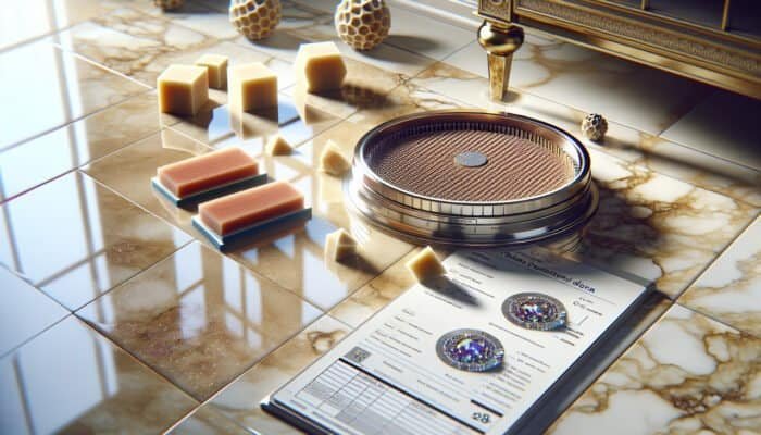 Polished travertine floor in Chelsea, gleaming and smooth, with diamond polishing pads nearby.