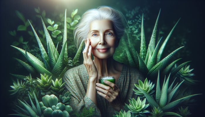 Elderly woman applying aloe vera gel, surrounded by plants, for skin and hair health.