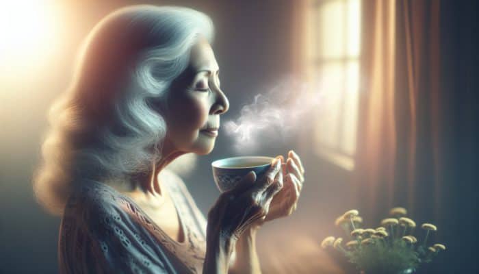Elderly woman sipping chamomile tea, surrounded by soft light and gentle steam, symbolizing relaxation.
