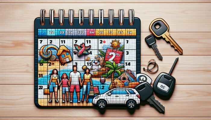 Calendar with holiday dates and discount symbols, surrounded by car keys, travel brochures, and a family planning a vacation.