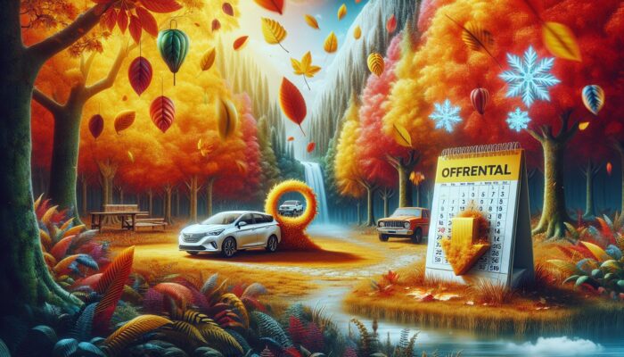 A serene autumn landscape with a car rental office, colourful falling leaves, and a calendar showing off-peak seasons.