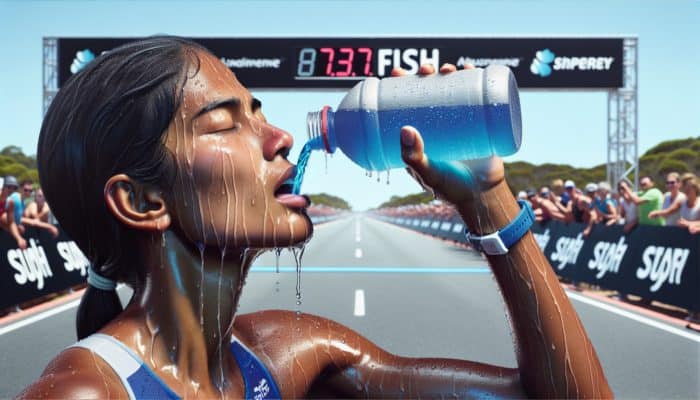 Athlete drinking blue electrolyte drink post-triathlon under hot Australian sun, near finish line.