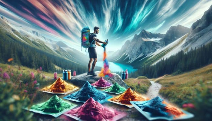 A hiker in the Rockies adds colorful powdered hydration mix to a water bottle, surrounded by scenic mountains and superfood packets.