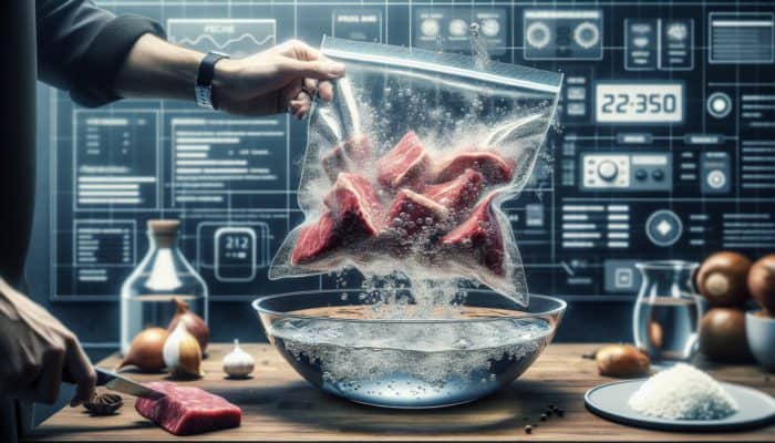 Zip-lock bag with marinated steak in water, expelling air for sous vide cooking.