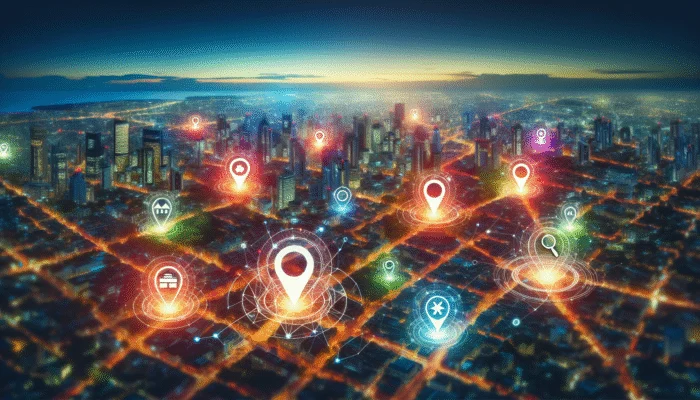 A city map with glowing local businesses, search icons, and keywords, illustrating enhanced local SEO visibility.