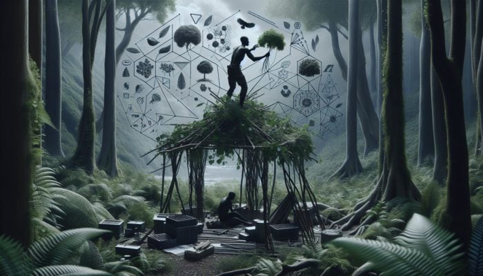 Person in forest gathering branches, leaves, and vines for survival shelter construction.