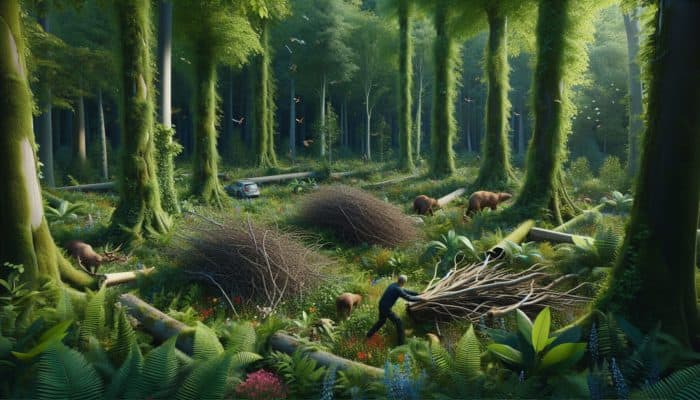 Person collecting fallen branches and leaves in a lush forest, promoting sustainability and ecosystem balance.