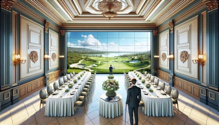 A luxurious conference room at Arabella resort with modern tech, scenic views, and elegant setup.