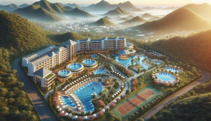 Luxurious resort with pools, spa, and sports facilities amidst the Garden Route's scenic beauty.