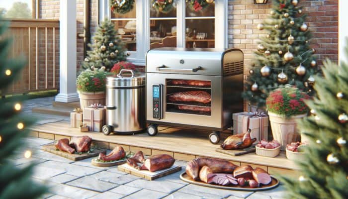 Electric smoker with digital thermostat on patio, surrounded by holiday decorations and meat, showcasing energy efficiency.