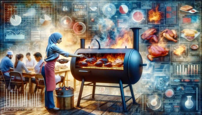 A pitmaster adjusts vents on a charcoal smoker, managing heat zones for various meats in a smoky ambiance.