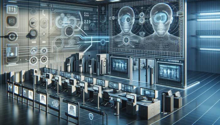 High-security electronics lab with biometric scanners, surveillance cameras, and physical barriers for restricted access.