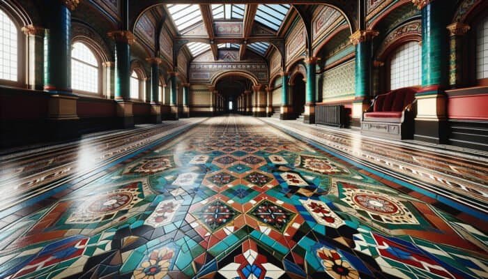 A vibrant Victorian tiled floor with intricate geometric patterns in deep blues, rich reds, and emerald greens.